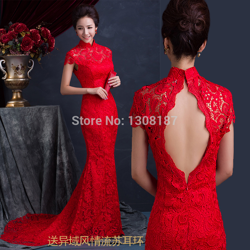  ̽ ̼ ª     Ƽ  Ÿ ź ġĿ  巹 ̺ 巹  ȥ/Red lace racerback short long fish tail design vintage chinese style bride cheong